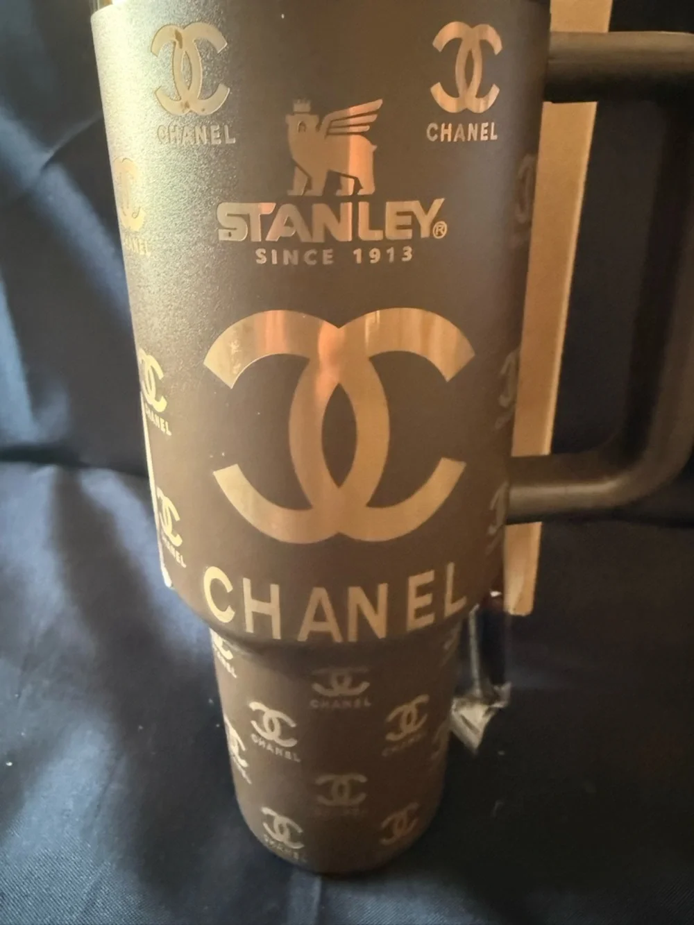 New Stanley 40oz Brown/Gold Laser CEngravedC Tumbler w/ Brown Straw - Picture 2 of 8